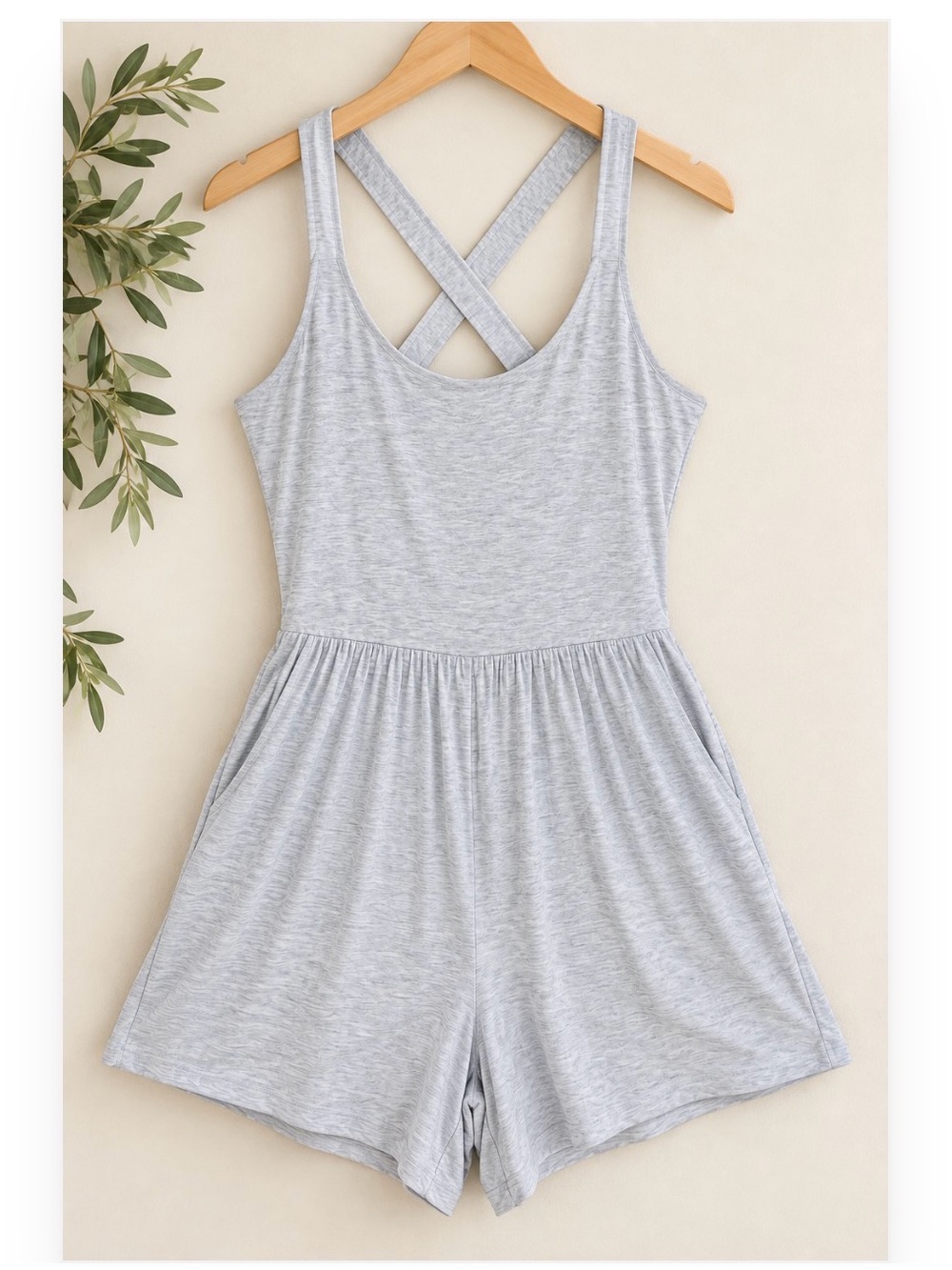 Heather Gray Criss Cross Back Romper Built In Bike Shorts Pockets Stretchy